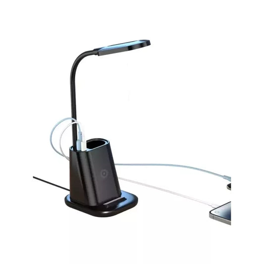 Asztali LED lámpa USB portokkal és vezeték nélküli gyorstöltővel, fekete