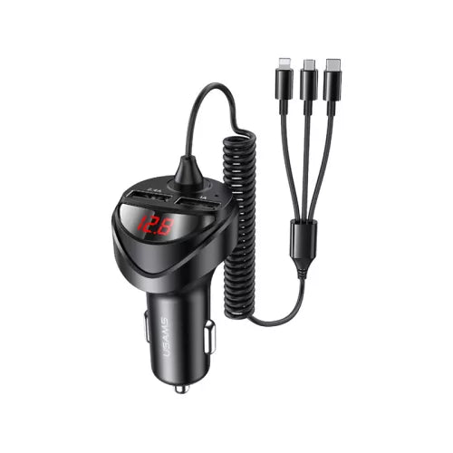 Dupla USB portos autós gyorstöltő 3in1 + Type-C/Lightning/micro USB kábel