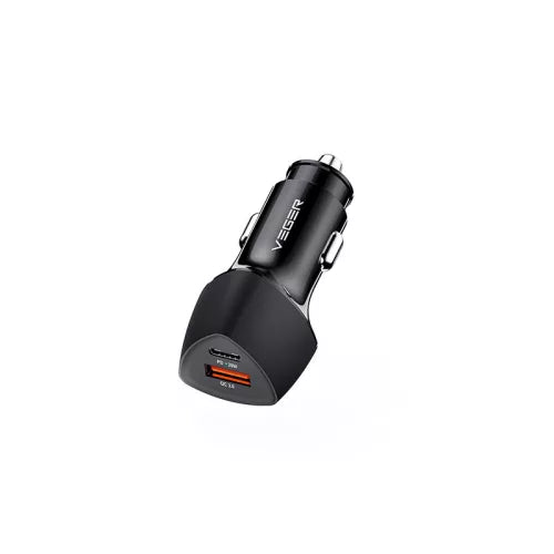 Dupla portos (USB+Type-C) autós gyorstöltő, fekete